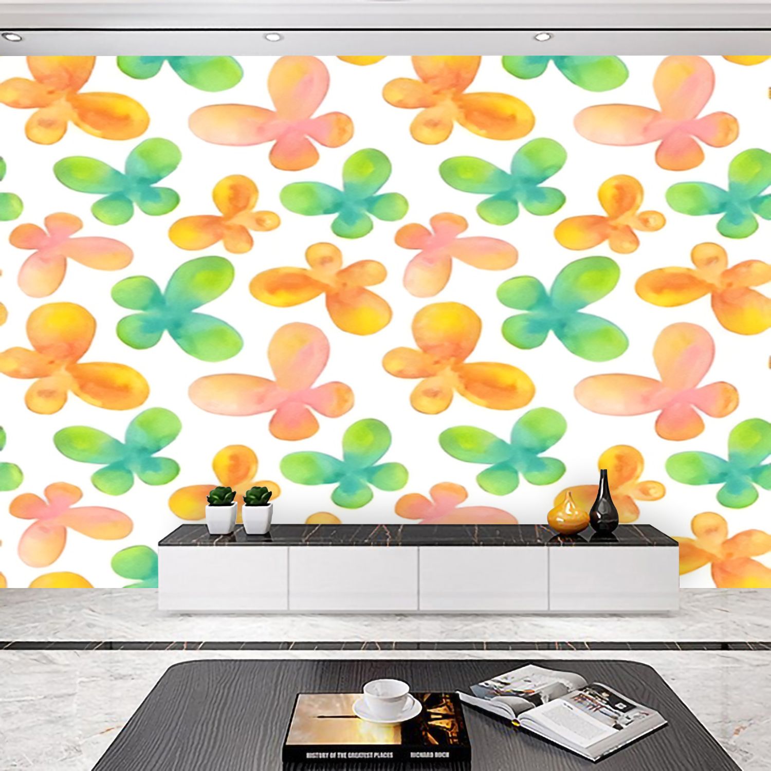 Peel and Stick Wallpaper Orange green watercolor butterflies seamless pattern abstract insects Canvas Texture Removable Wall Murals Large Wall Stickers for Living Room Bedroom Home Decoration